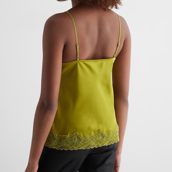 Express Satin Lace Trim V-Neck Downtown Cami - Chartreuse M - Picture 2 of 4